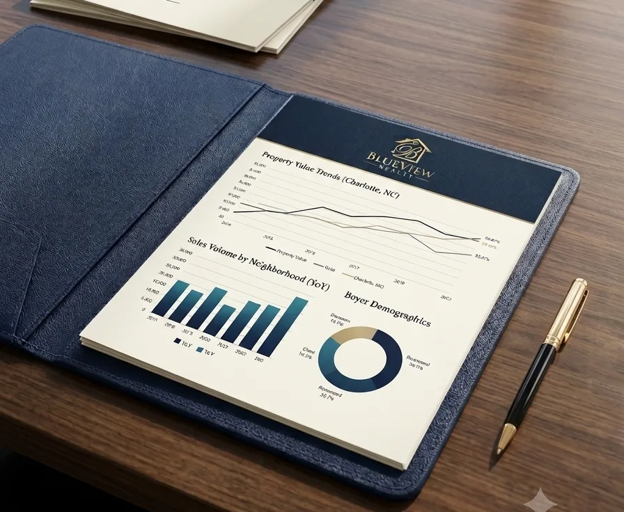 A BlueView Realty portfolio open to Charlotte market reports — property value trends, sales volume by neighborhood, and buyer demographics — on a desk